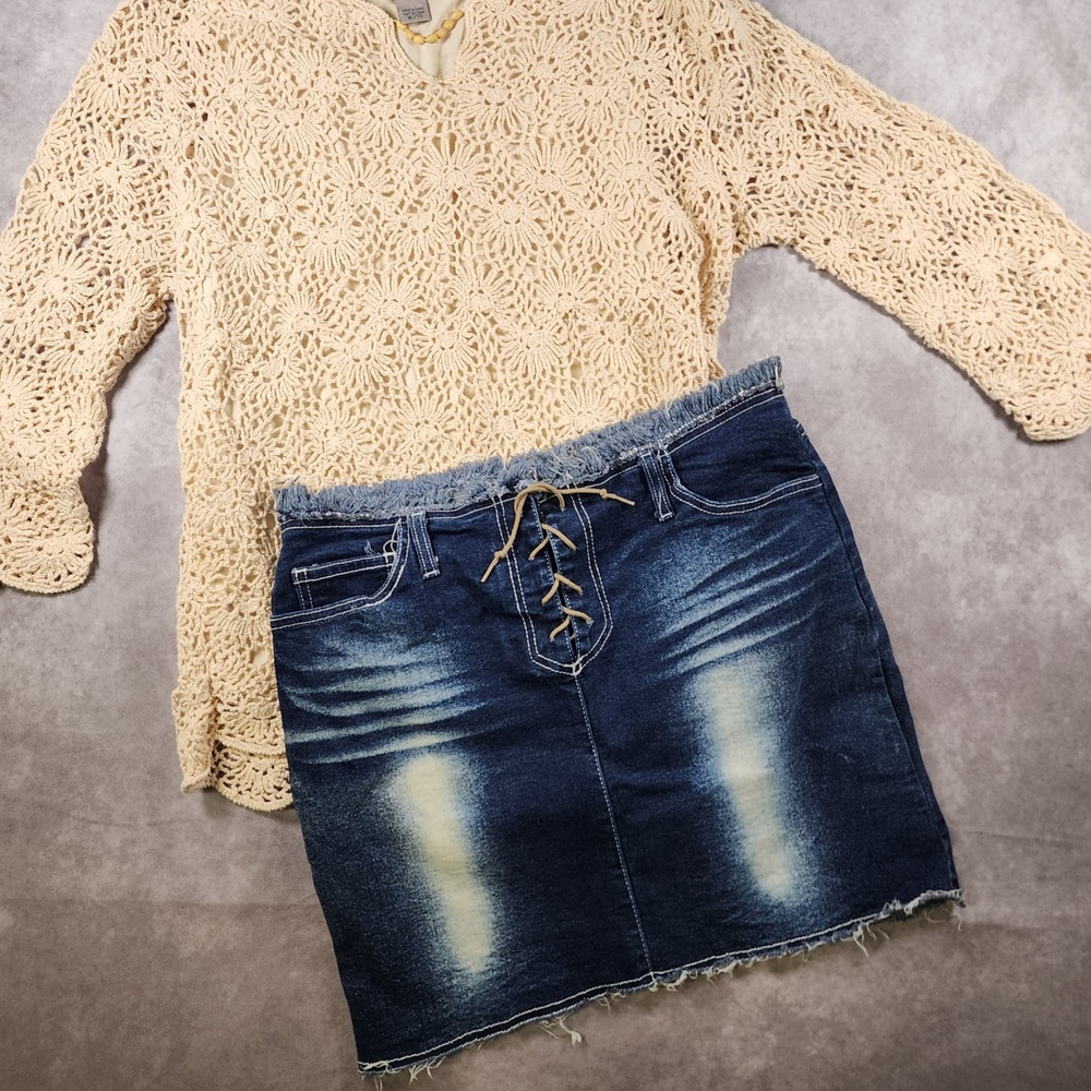 JOY Jeans Y2K Denim Mini Skirt L Lace Up Distressed Frayed Dark Wash Boho